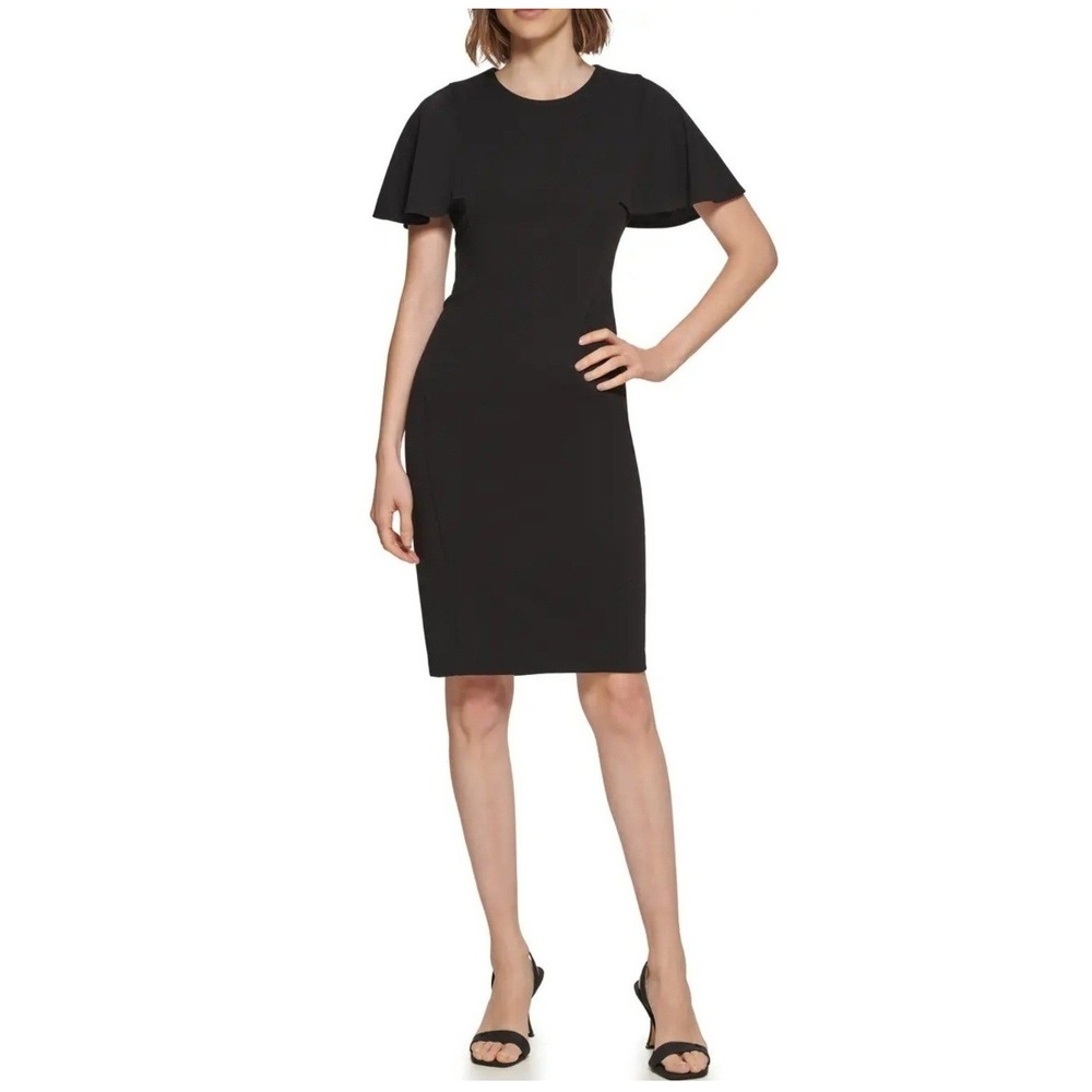 Calvin Klein Flutter Sleeve Sheath Dress Black Cape Back Cocktail Sz 10 Classic